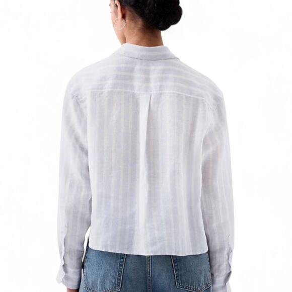 GAP 100% Linen Cropped Shirt Light Blue & White - Size XL - Picture 2 of 8
